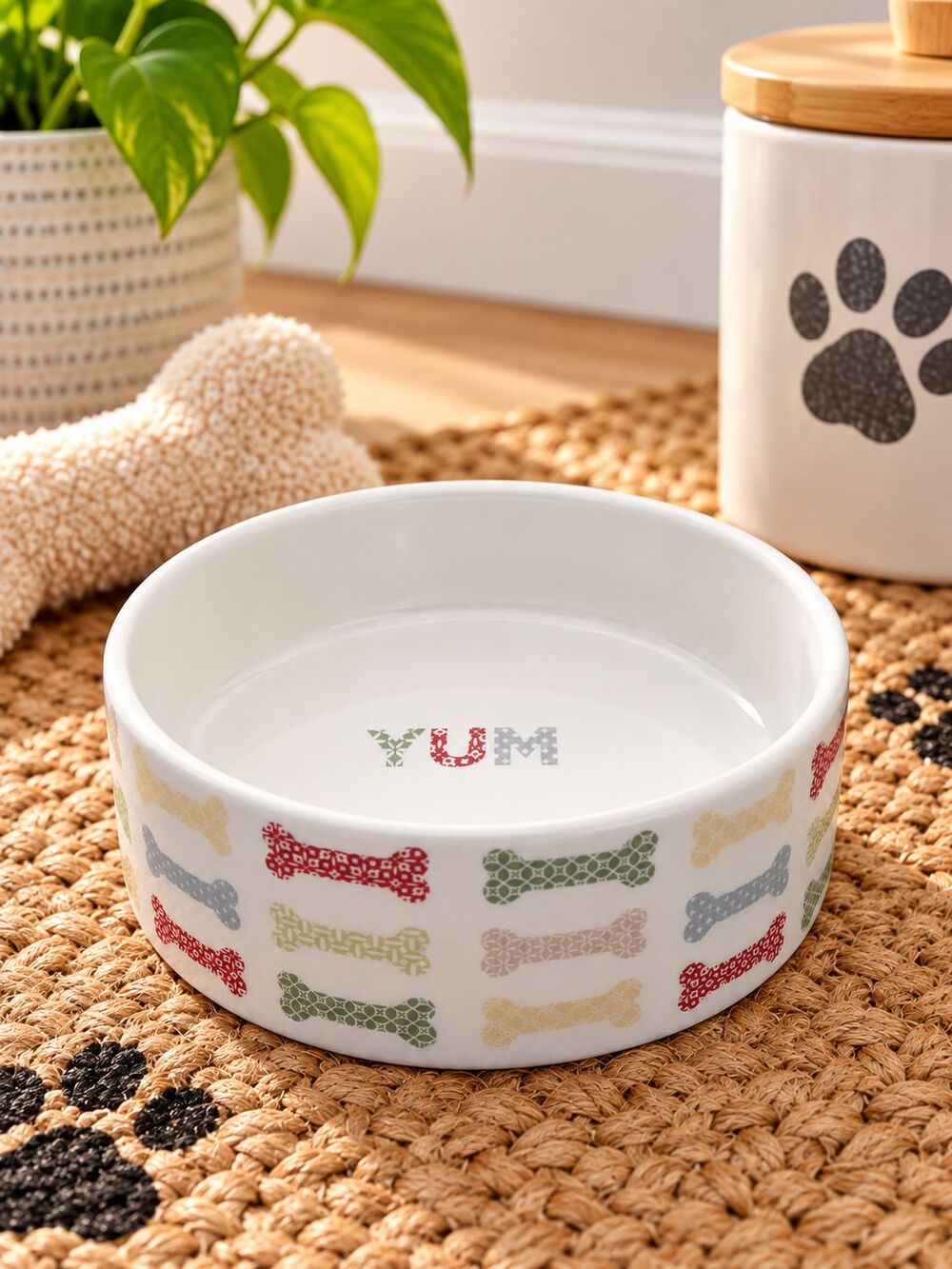 Fringe Studio YUM Ceramic Dog Food Water Bowl Colorful Bones Pattern 5"